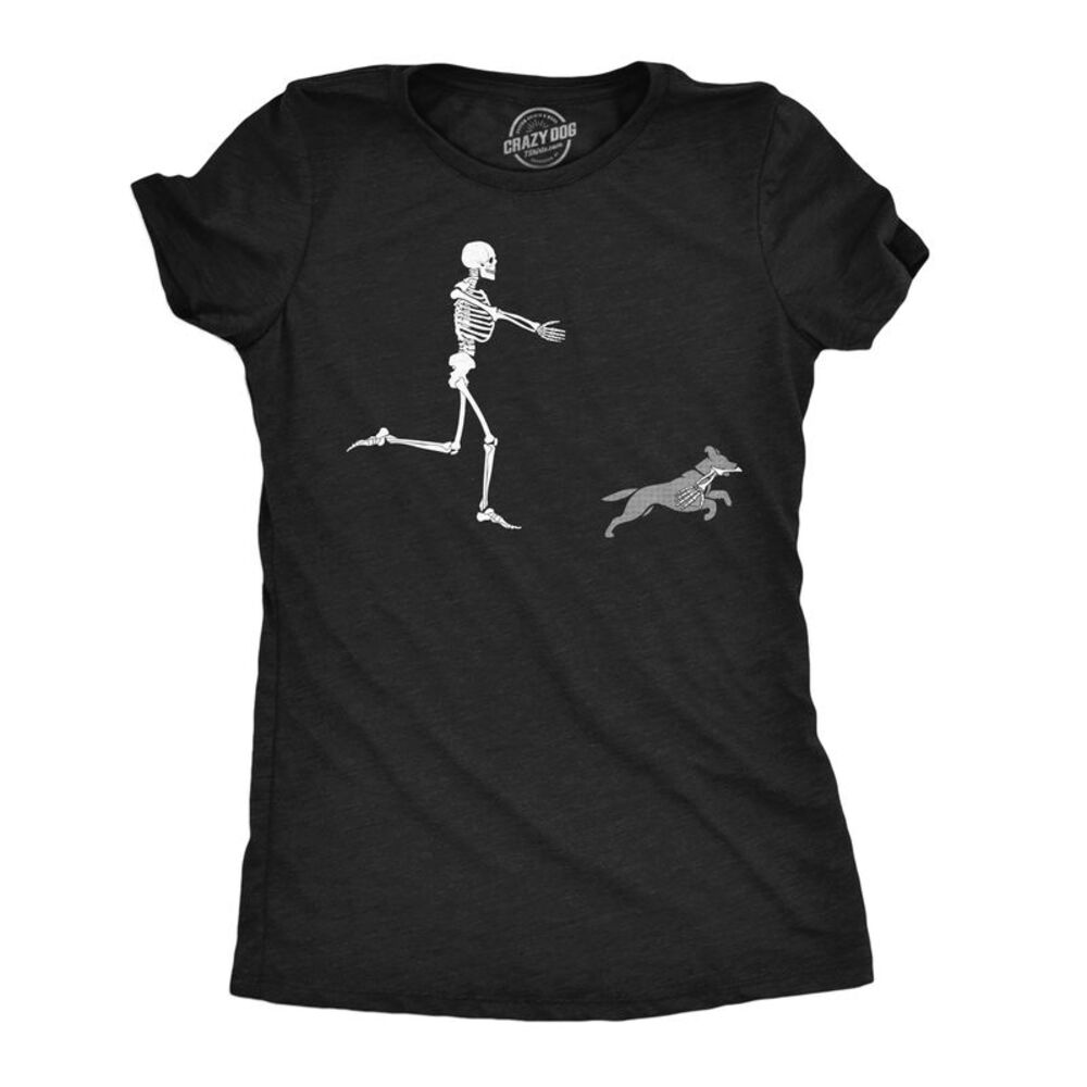 Womens Funny T Shirts Skeleton Chasing Dog Sarcastic Halloween Graphic Novelty - Picture 1 of 4